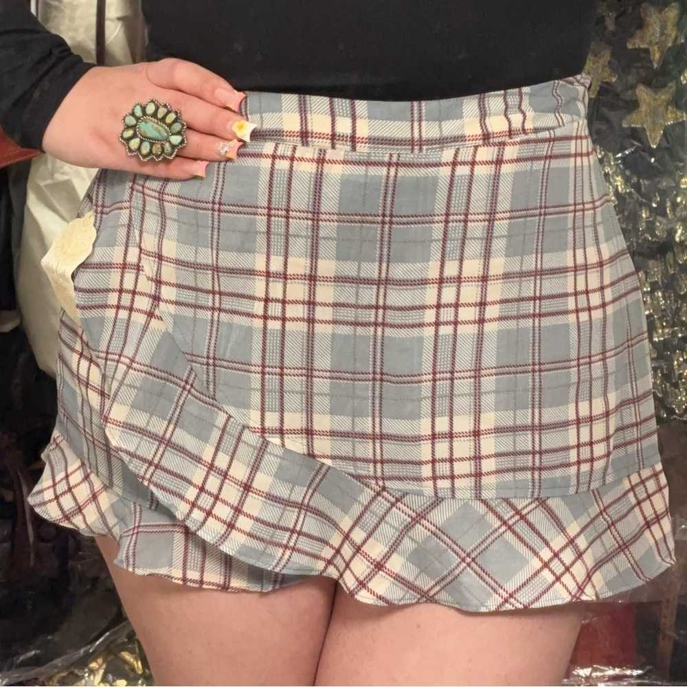NWT Altar'd State Checkered Skort with Ruffle Hem Blue Red Cream L
